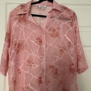 Sheer pink floral blouse/long sleeve top with shoulder pads